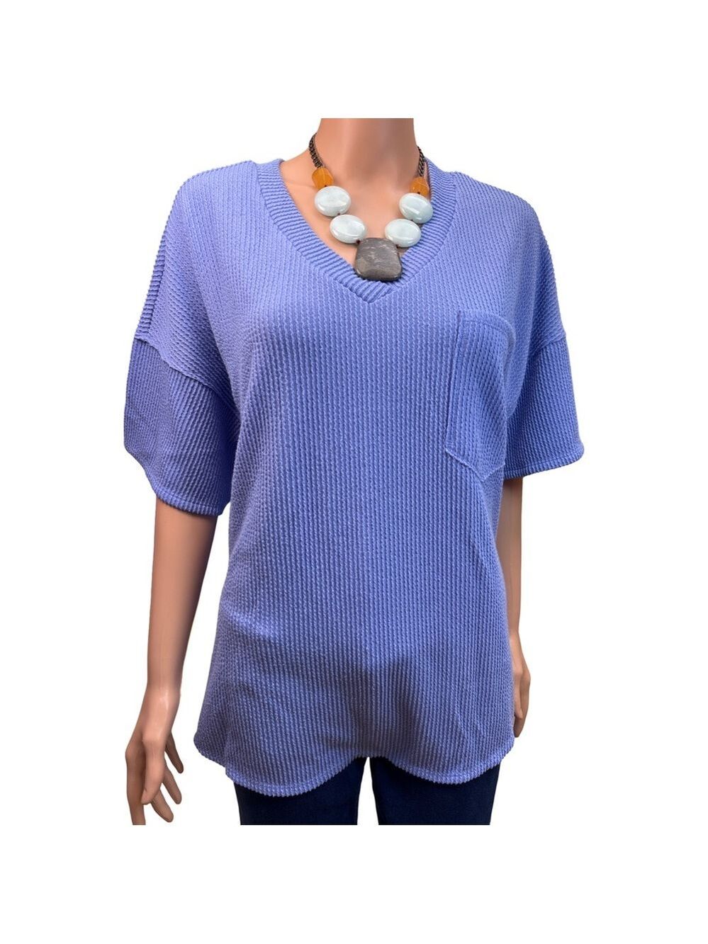ANDREE BY UNIT Blue V-Neck Waffle Knit Top Medium